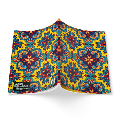 An open African-inspired journal displays a vibrant cover with a symmetrical, floral-inspired geometric pattern in red, blue, green, and orange on yellow. The bold design evokes traditional motifs—perfect for daily journaling or as a creative journal.