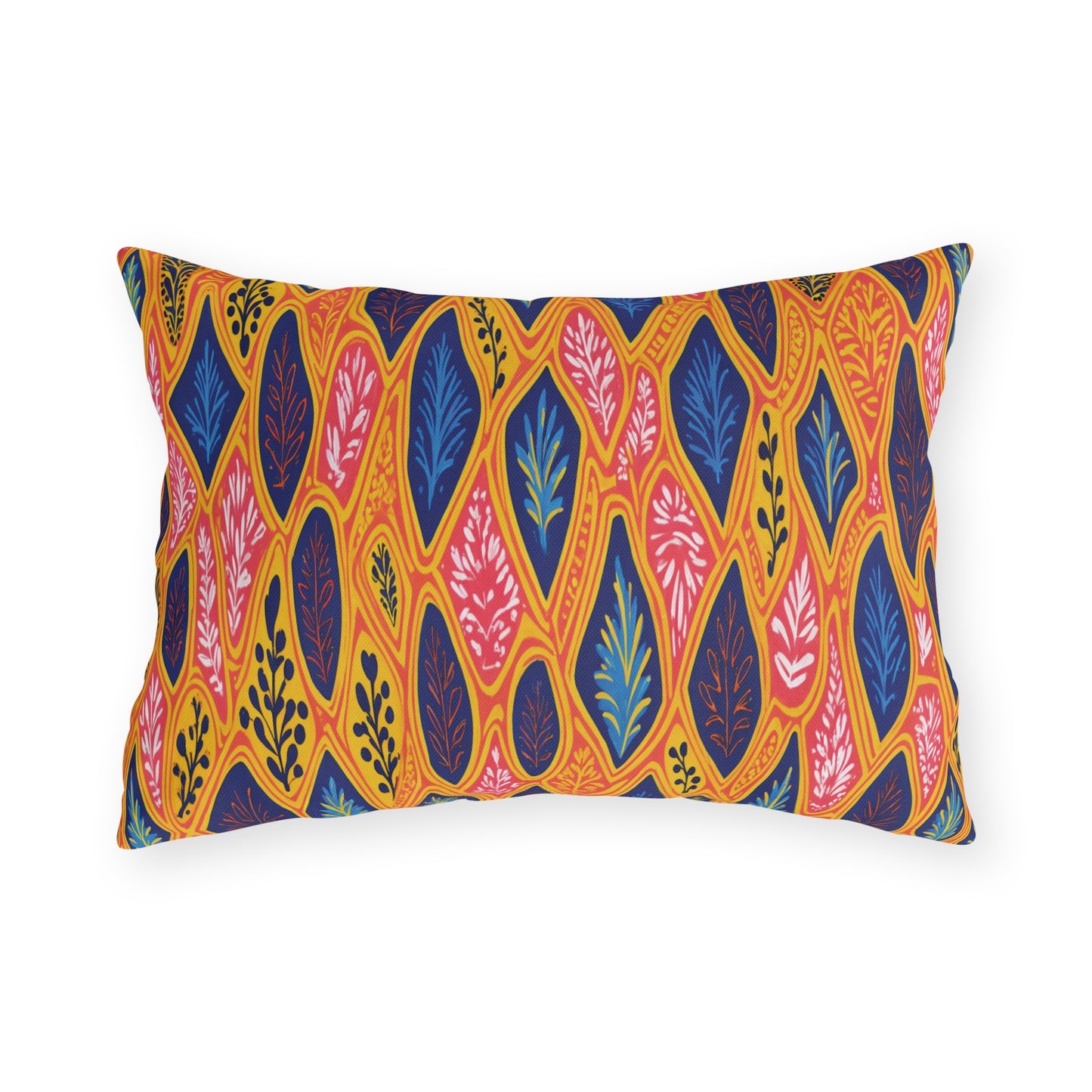 Rectangular pillow with a vibrant, African-inspired pattern of leaf shapes in navy blue, pink, red, and white, outlined in yellow and orange. Each leaf features simple plant or branch motifs on a bright yellow-orange background.