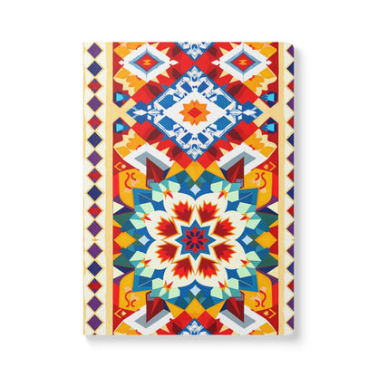 A creative journal with a vibrant, colorful cover featuring intricate geometric and floral patterns in red, blue, green, yellow, and white, reminiscent of traditional mosaic or tile art. Perfect for daily journaling, its symmetrical design stands out beautifully.