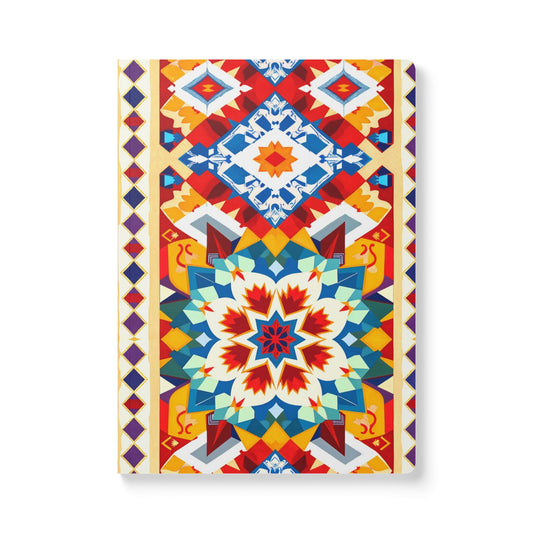 A creative journal with a vibrant, colorful cover featuring intricate geometric and floral patterns in red, blue, green, yellow, and white, reminiscent of traditional mosaic or tile art. Perfect for daily journaling, its symmetrical design stands out beautifully.