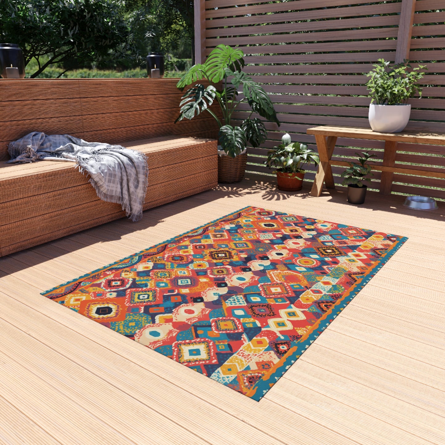 An African-inspired, colorful patterned rug with geometric and floral motifs lies on a light wooden patio. To the left, a wicker sofa with a gray throw sits among potted plants and a wooden bench. Sunlight filters through a slatted privacy screen.