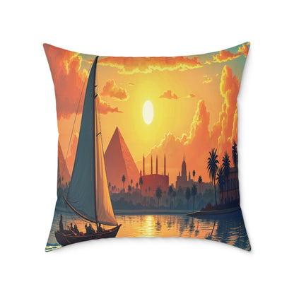This African-inspired pillow features an illustration of a sailboat on a river at sunset, with silhouettes of pyramids and palm trees, all bathed in golden-orange light—perfect for colorful home decor.