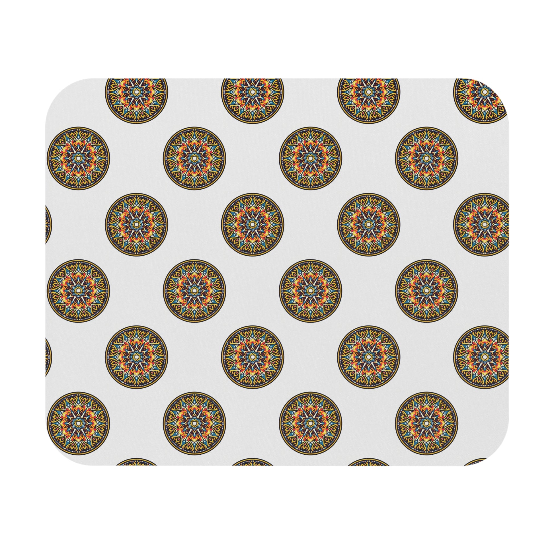 A white rectangular African-inspired mouse pad with rounded corners features colorful mandala designs in red, blue, orange, and green. This durable desk accessory boasts a non-slip rubber base and a visually appealing, repeating motif.