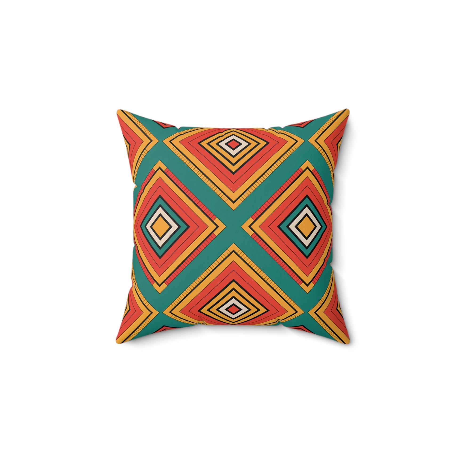 A square pillow with a bold geometric pattern featuring overlapping diamond shapes in red, orange, yellow, and black on teal. Inspired by vibrant patterns, this unique decor piece stands out against a crisp white background.