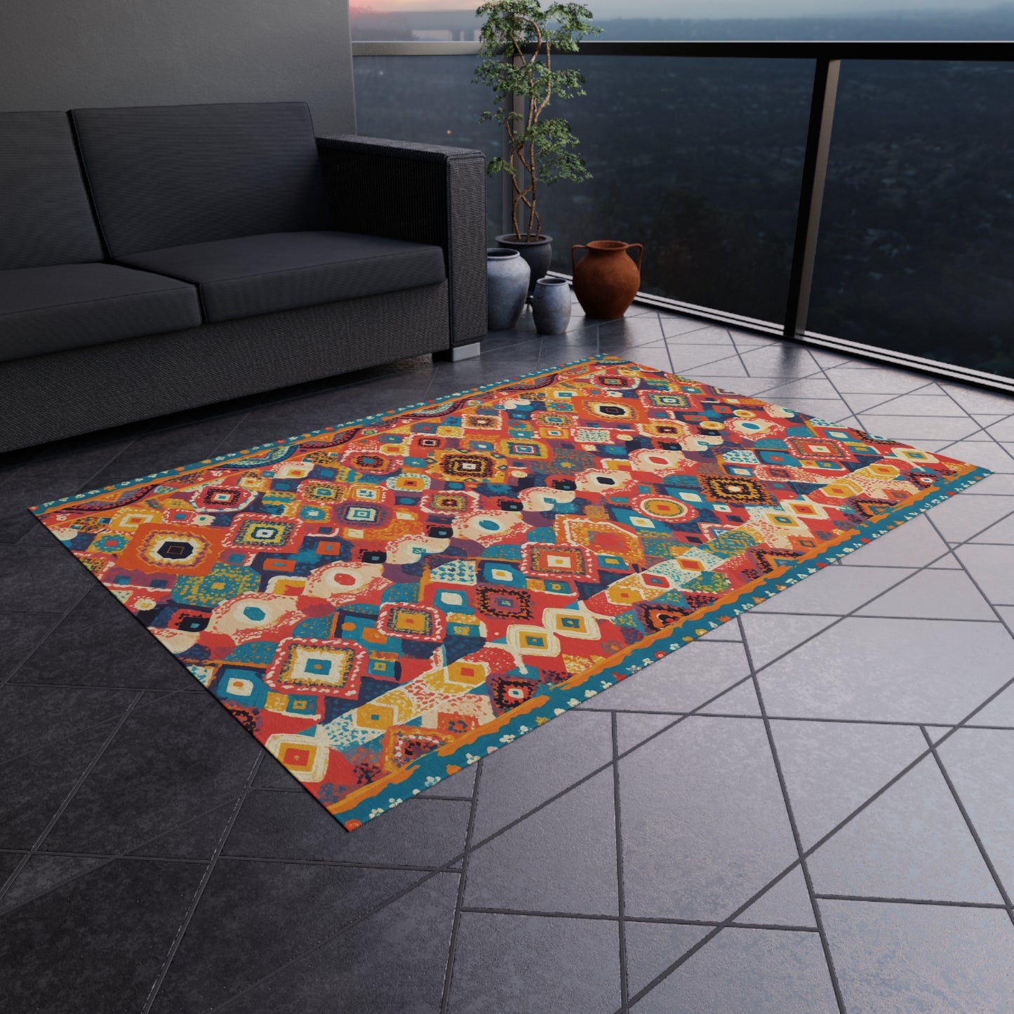 A colorful African-inspired geometric-patterned rug with red, blue, yellow, and orange shapes is laid on a gray tiled balcony floor. A dark gray sectional sofa sits to the left, with potted plants near the glass railing overlooking a cityscape.