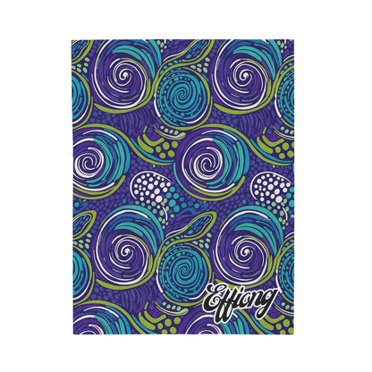 A vibrant abstract pattern with swirling shapes in purple, blue, and green on a dark blue background. Dotted and wavy elements enhance this African-inspired blanket. The word “Effing” appears in bold white script in the lower right corner.