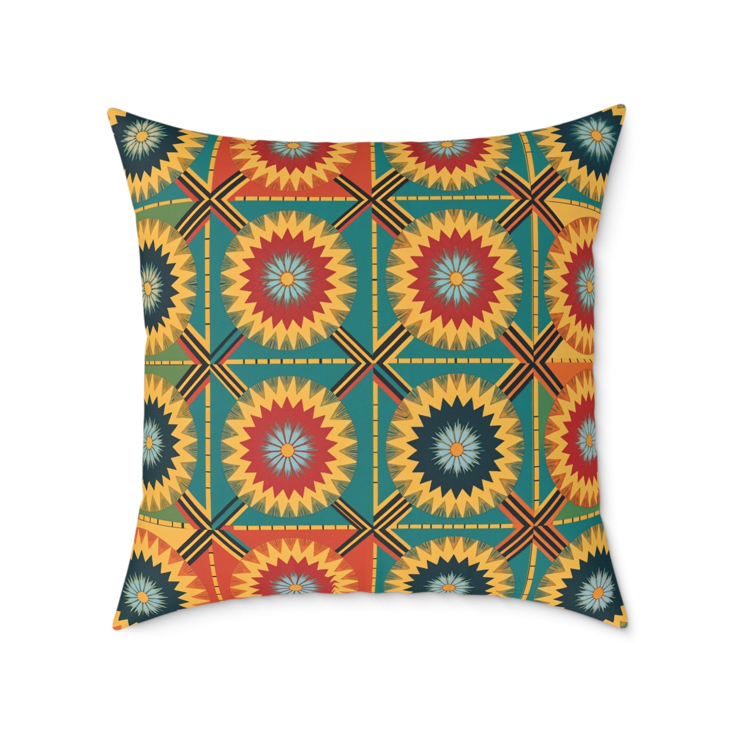 A square, African-inspired pillow features a bold geometric pattern of concentric starbursts in yellow, red, and blue, set against a teal background with intersecting gold and red lines—perfect as a vibrant home decor accent.