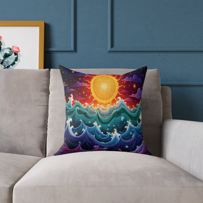 A colorful accent pillow on a light gray sofa features an artistic design of a bright sun above swirling blue and teal waves, with a starry night sky in the background. Nearby, a framed cactus illustration adds to the vibrant home decor against a textured blue wall with molding.
