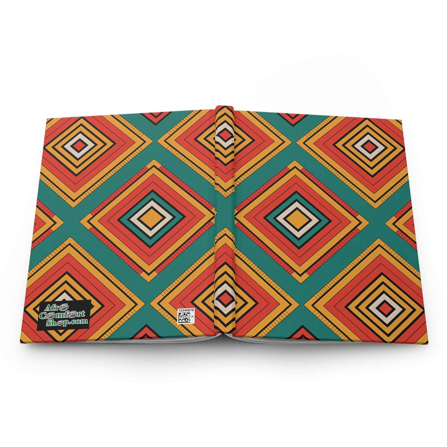 A geometric hardcover notebook lies open, displaying a bold pattern of diamond shapes in red, orange, yellow, and teal. The symmetrical design echoes an African textile journal. A small logo and QR code appear on the back cover’s lower left corner.