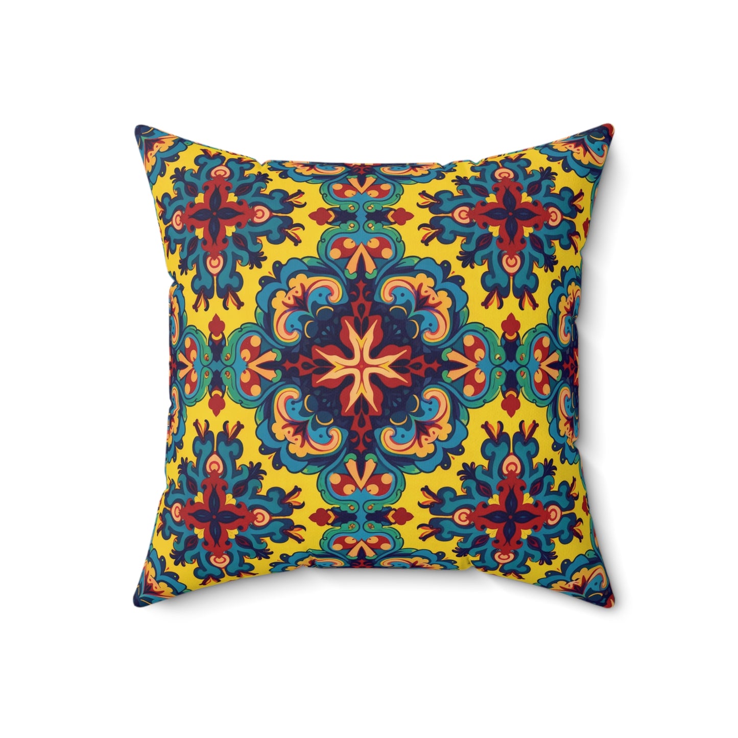 Square pillow with a vibrant, ornate pattern featuring blue, red, and orange floral and star motifs on a bright yellow background. This African accent pillow boasts bold, intricate designs with a central star and repeating shapes in each corner.