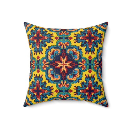 Square pillow with a vibrant, ornate pattern featuring blue, red, and orange floral and star motifs on a bright yellow background. This African accent pillow boasts bold, intricate designs with a central star and repeating shapes in each corner.