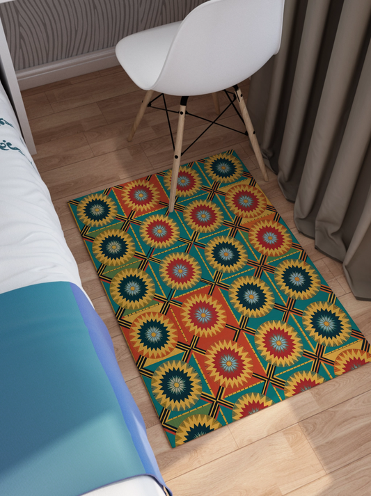 A small, durable polyester chenille rug with a vibrant geometric pattern in red, yellow, green, and blue lies on a wooden floor beside a bed with white and blue bedding, near a white chair and beige curtains. Wavy gray-and-white wallpaper decorates the wall.