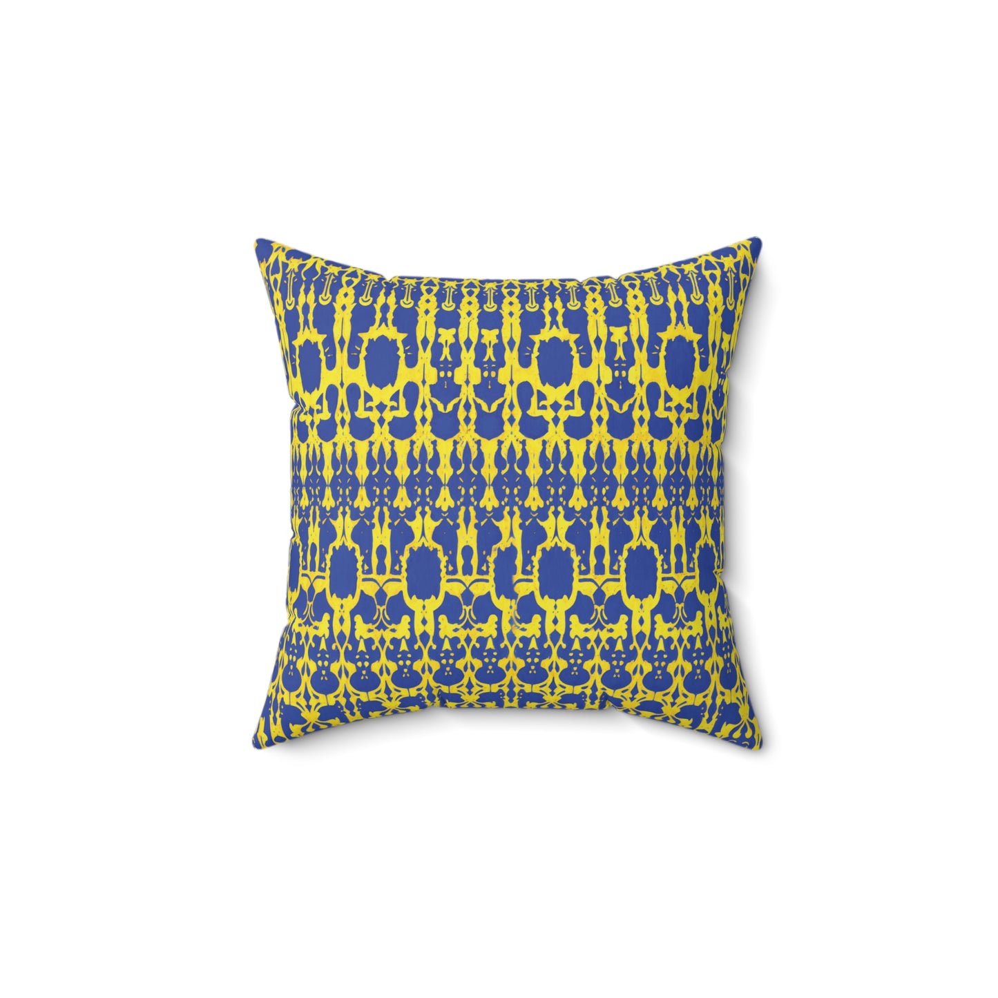 A square faux suede pillow with a vibrant yellow and blue symmetrical pattern. The design features repeating abstract shapes and motifs, creating a bold and modern African inspired accent pillow centered on a white background.