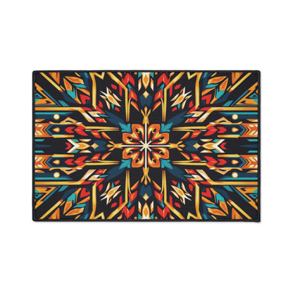 Rectangular non-slip rug with a bold, symmetrical geometric pattern. The design features angular shapes in vibrant hues, forming a starburst motif on black—perfect for those who love African-inspired home decor or Southwestern art.