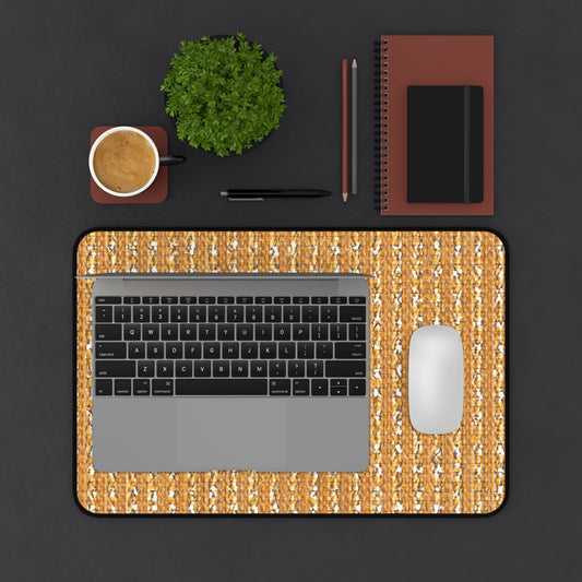 A top view of a workspace with a laptop and white mouse on an ergonomic desk pad, a cup of coffee, a small green potted plant, two pencils, a pen, and two stacked notebooks with a phone on top, all arranged on a dark surface.