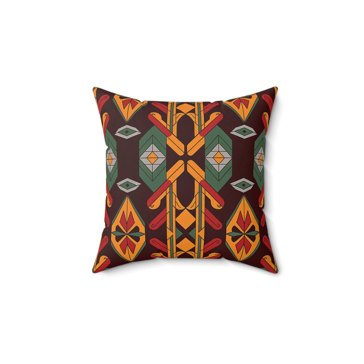 Square African inspired accent pillow with a bold geometric pattern in red, orange, yellow, and green on a dark brown background. The symmetrical design and faux suede pillow texture give it a modern, tribal-inspired decorative throw pillow look.