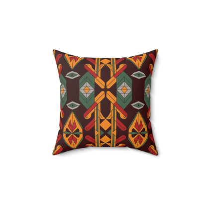 Square African inspired accent pillow with a bold geometric pattern in red, orange, yellow, and green on a dark brown background. The symmetrical design and faux suede pillow texture give it a modern, tribal-inspired decorative throw pillow look.