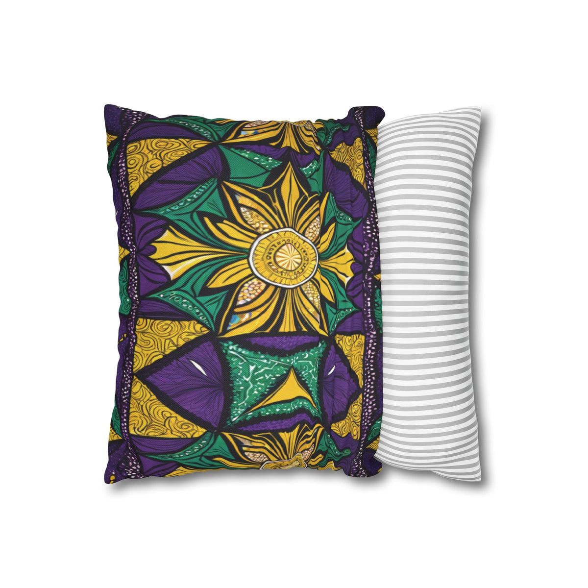 Two pillows are shown: one features vibrant African-inspired patterns in yellow, green, purple, and black with geometric and floral motifs; the other displays simple, thin gray and white stripes. Both are displayed on a white background.