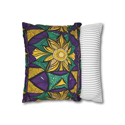 Two pillows are shown: one features vibrant African-inspired patterns in yellow, green, purple, and black with geometric and floral motifs; the other displays simple, thin gray and white stripes. Both are displayed on a white background.