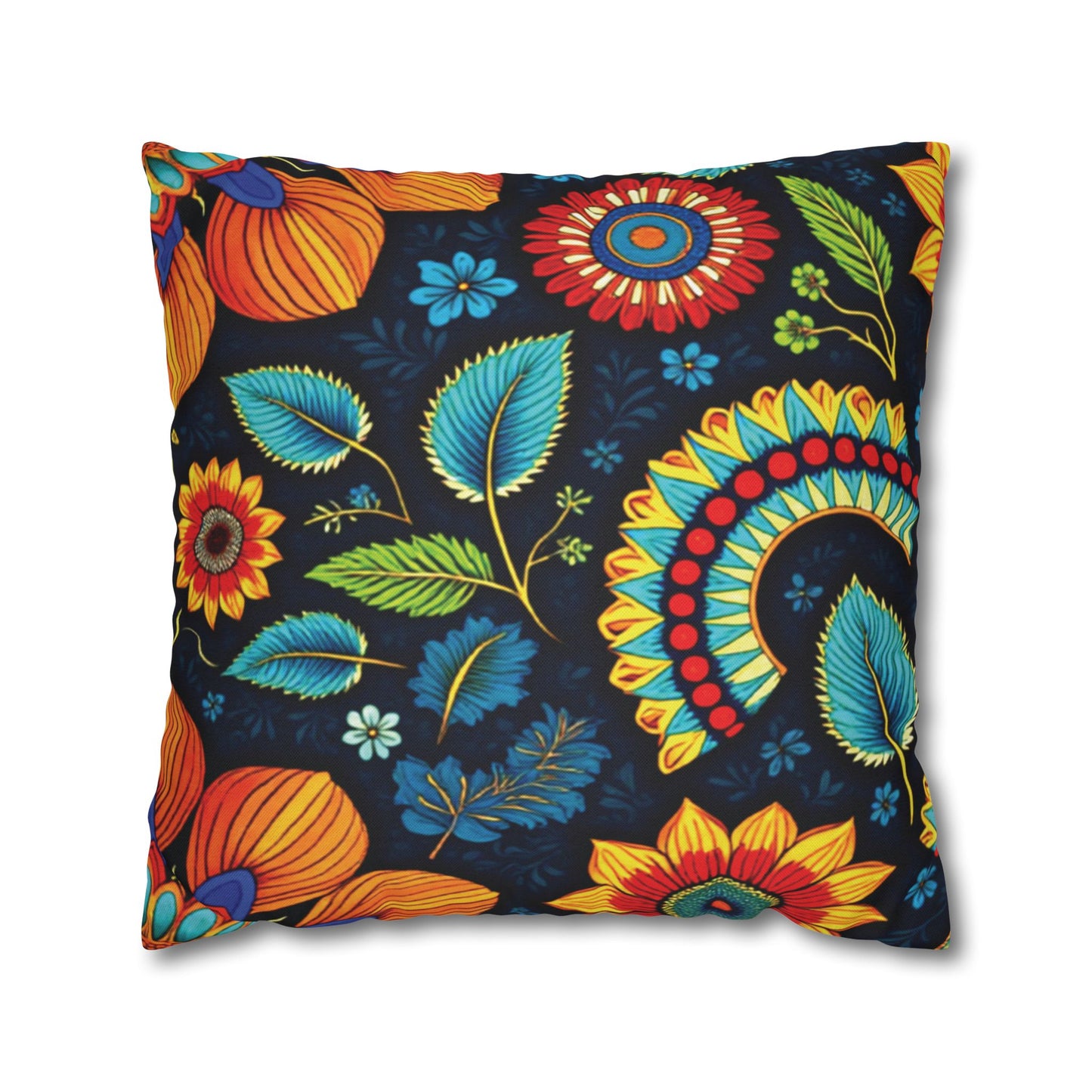 A square pillow with a vibrant floral pattern inspired by African pillowcases. Large, colorful flowers and leaves in orange, red, yellow, blue, and green stand out on a dark background, creating a lively and decorative look.