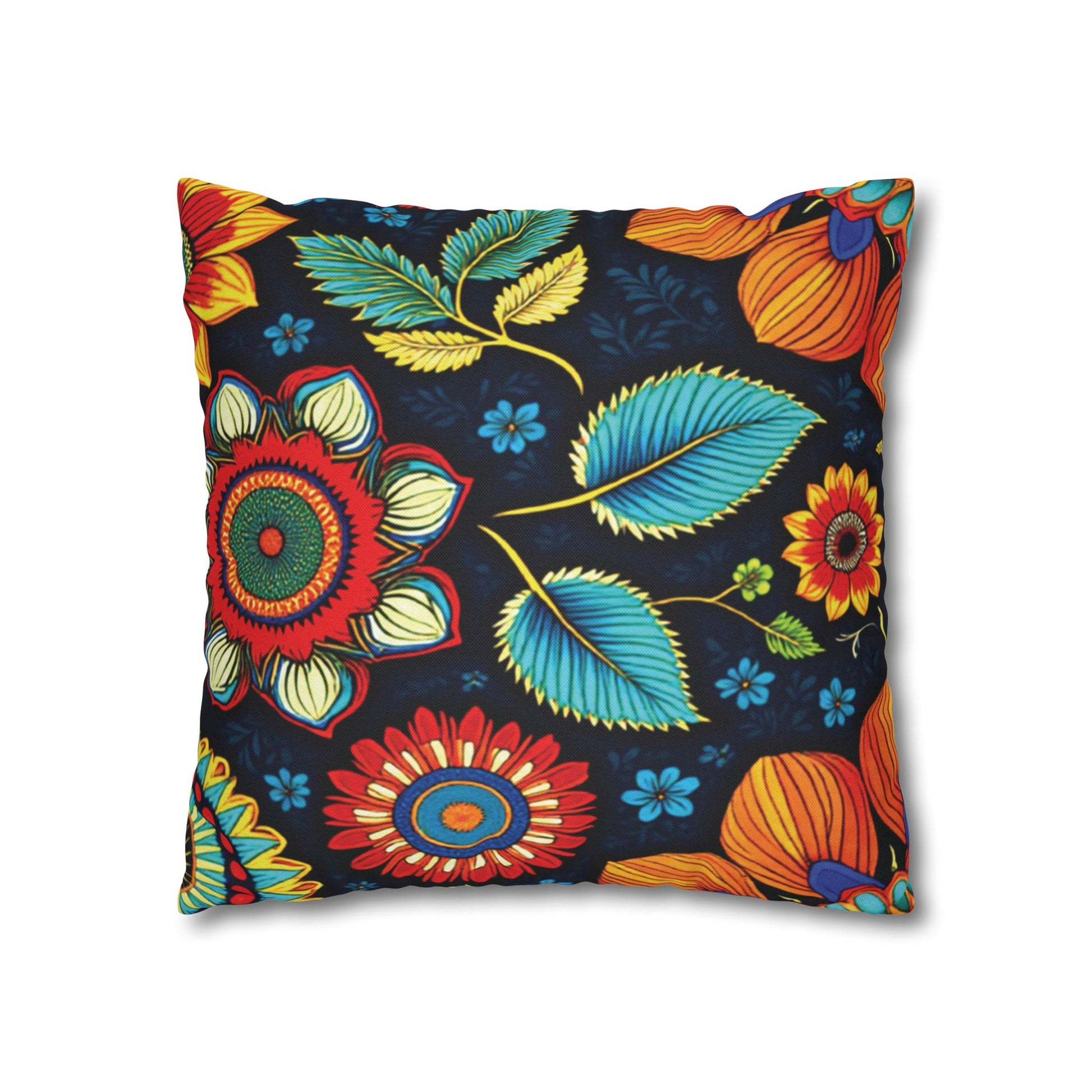 Square pillow with a bold floral design inspired by African pillowcases. Featuring large, colorful flowers and leaves on a dark navy background, this vibrant pillowcase brings an artistic and lively touch to any space.