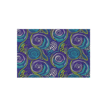 Abstract pattern featuring swirling spirals in teal, blue, green, and purple with white dotted accents. The dynamic design is perfect for polyester chenille rugs, adding a playful and vibrant touch to any space with its overlapping motif on a dark purple background.