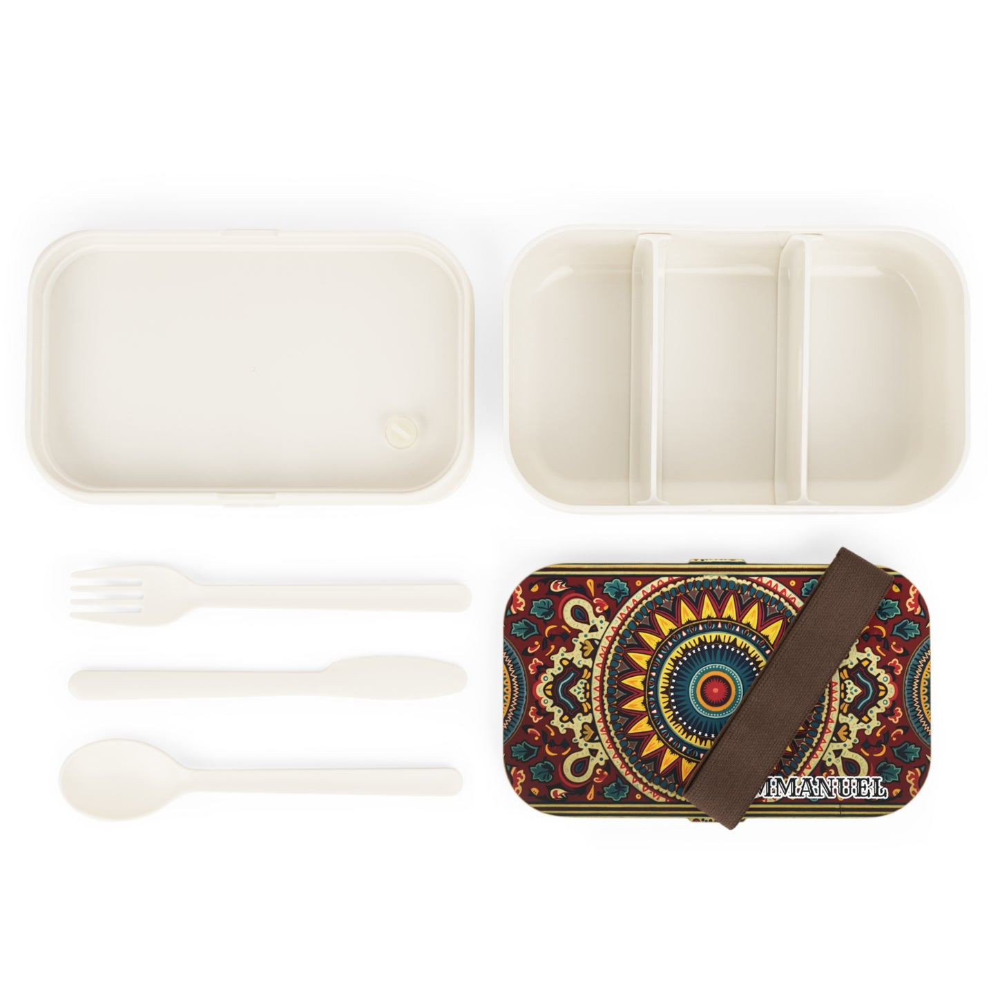 A personalized bento lunch box set with a mandala pattern on the lid, shown disassembled. Includes a divided tray, a plain tray, utensils, and a brown elastic strap to secure the box. The trays and utensils are off-white.