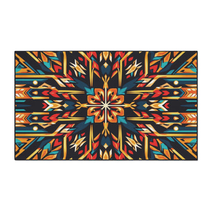Rectangular rug with a bold, symmetrical pattern of geometric shapes in red, orange, teal, and yellow on a black background. The design features arrow-like and diamond motifs for a vibrant, African-inspired look—great as non-slip custom floor mats.