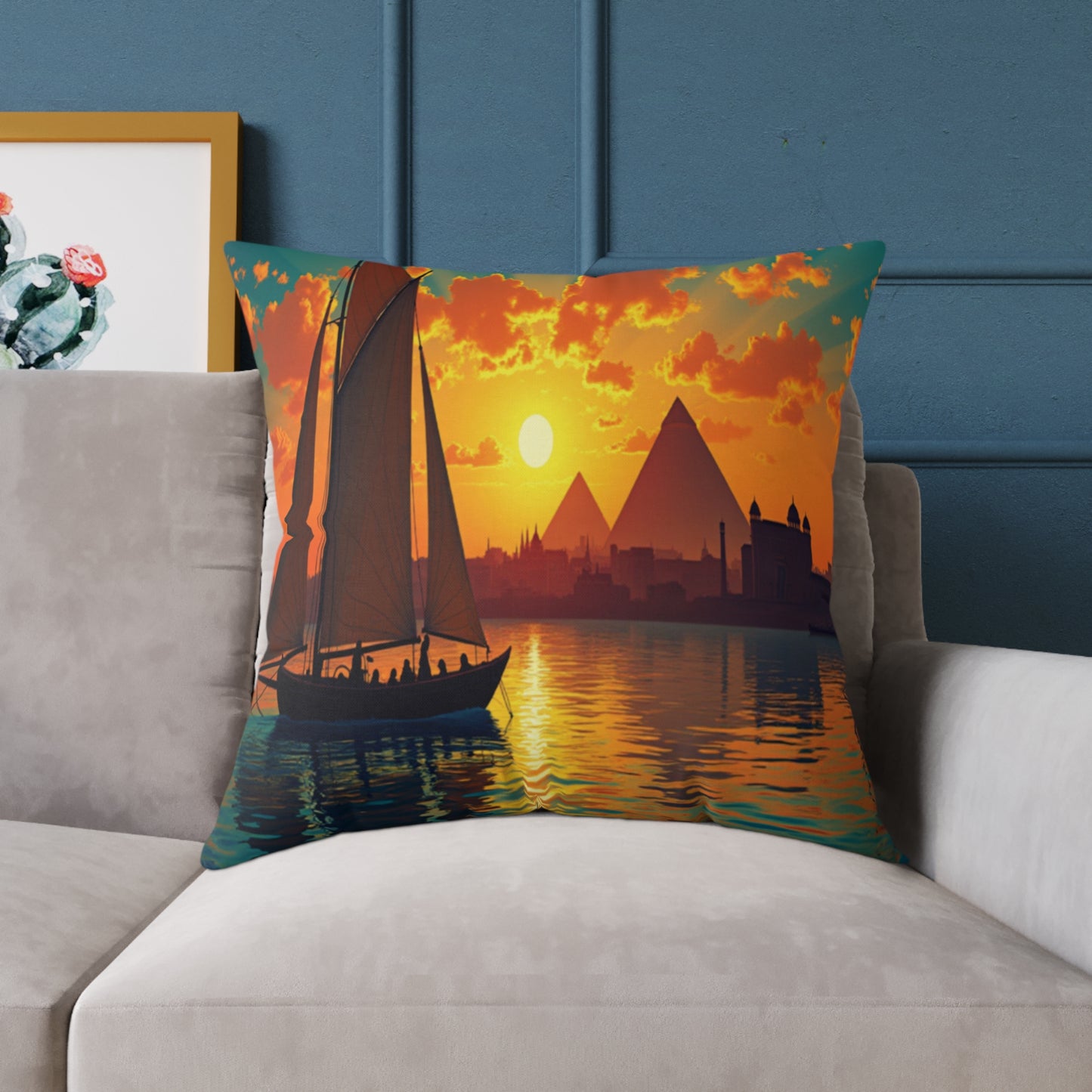 A colorful accent pillow on a gray sofa features a vibrant sunset scene with a sailboat, silhouetted figures onboard, and ancient pyramids in the background—perfect for adding vibrant home decor to your living space.