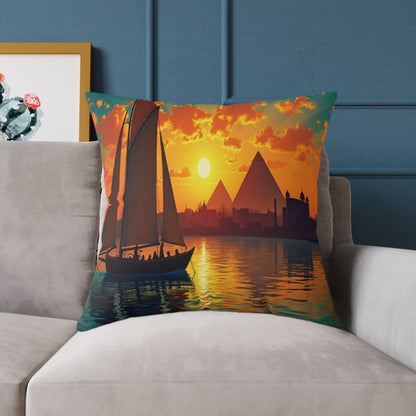 A colorful accent pillow on a gray sofa features a vibrant sunset scene with a sailboat, silhouetted figures onboard, and ancient pyramids in the background—perfect for adding vibrant home decor to your living space.