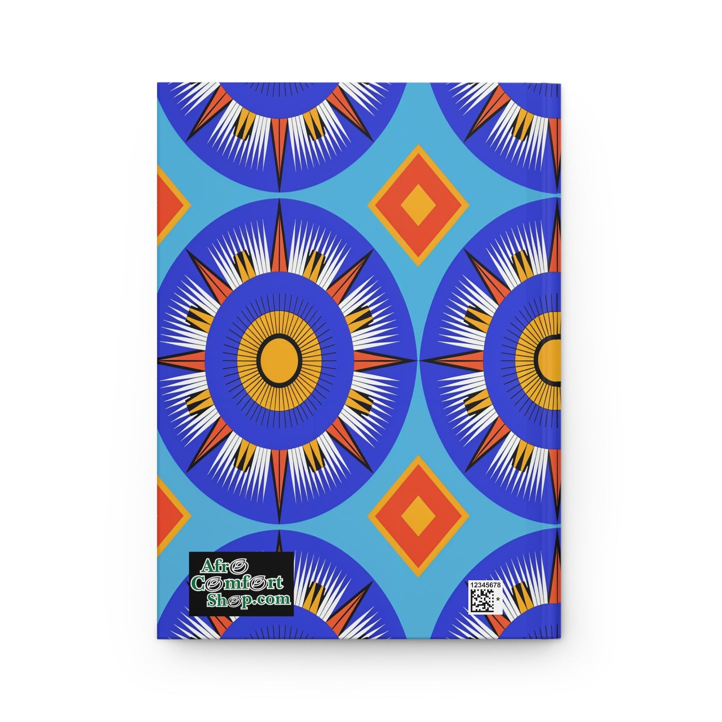 A vibrant African-inspired notebook cover features bold blue and orange starbursts and orange diamonds on a light blue backdrop. A green, black, and white AfroConfidentShop.com sticker appears at the bottom of this lined writing journal.