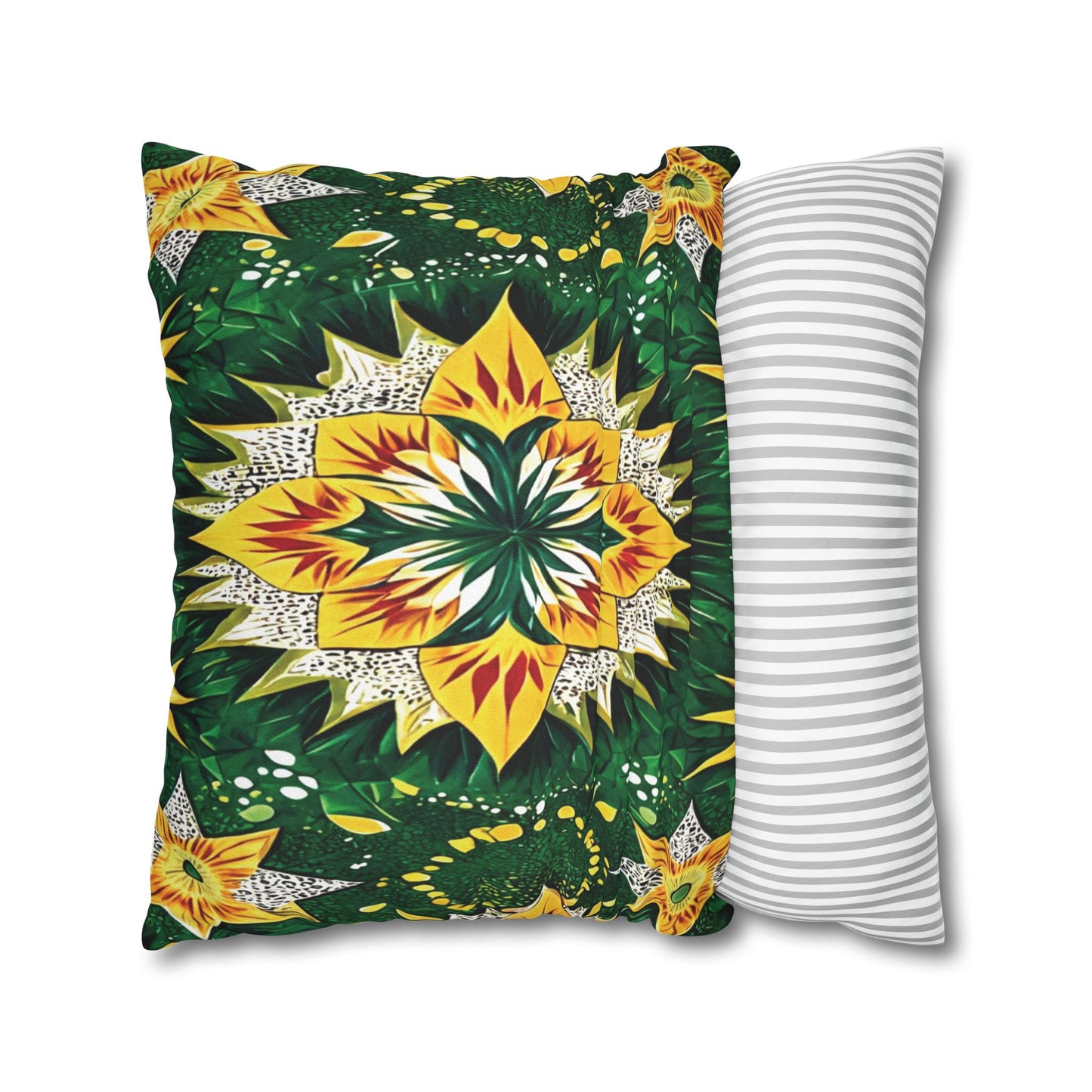 Two pillows are shown: one featuring vibrant, African-inspired pillowcases with a bold floral and leaf mandala pattern in yellow, green, and white; the other displays a simple horizontal gray and white stripe design, both set against a plain white background.