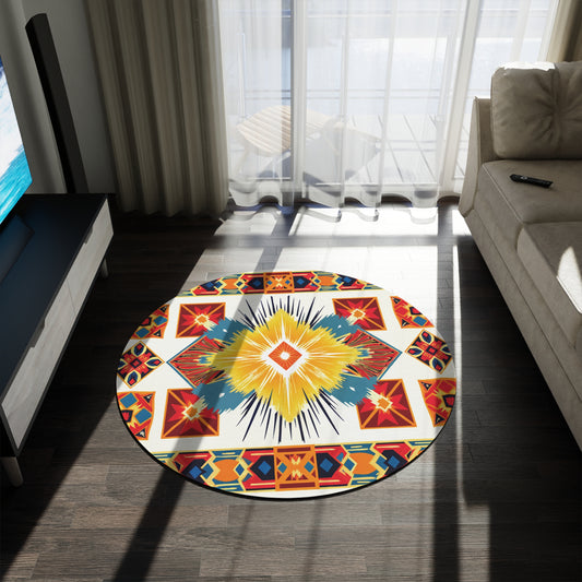 A round, African-inspired rug with vibrant geometric and tribal patterns in red, yellow, blue, and orange sits on a dark wooden floor in a sunlit living room near sheer curtains, a beige sofa, and a flat-screen TV.