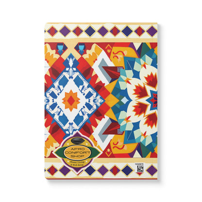 A vibrant geometric African-inspired journal with red, blue, orange, yellow, and turquoise symmetrical patterns. The bottom features a gold and black “Afro Comfort Shop” logo and a QR code in the lower right—perfect for creative journaling.