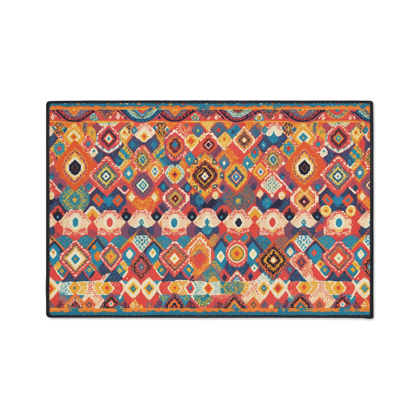 A rectangular rug with a vibrant, African-inspired geometric pattern in shades of red, orange, blue, yellow, and cream. Repeating diamonds and zigzags create a bold visual effect, while the non-slip rubber backing ensures stability.