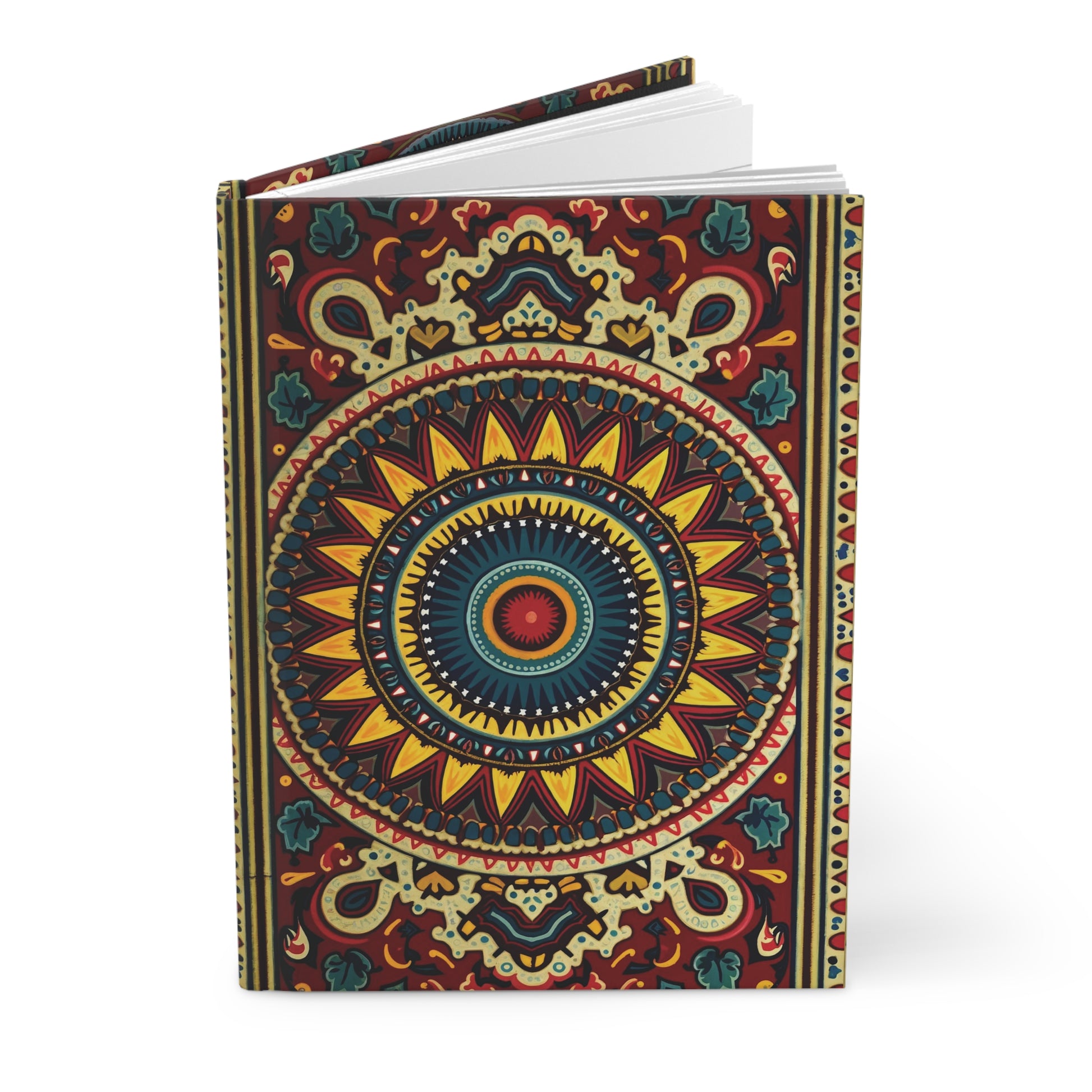 A hardcover journal featuring an intricate, colorful mandala design inspired by African patterns. With lined pages, this vibrant writing journal showcases concentric circles and geometric shapes in red, yellow, blue, and green on a dark background.