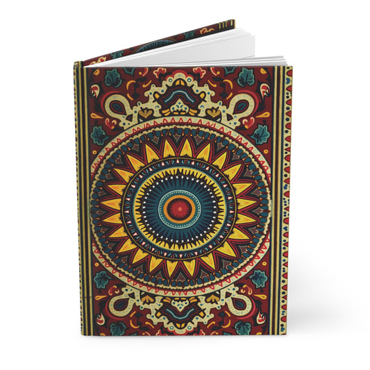 A hardcover journal featuring an intricate, colorful mandala design inspired by African patterns. With lined pages, this vibrant writing journal showcases concentric circles and geometric shapes in red, yellow, blue, and green on a dark background.