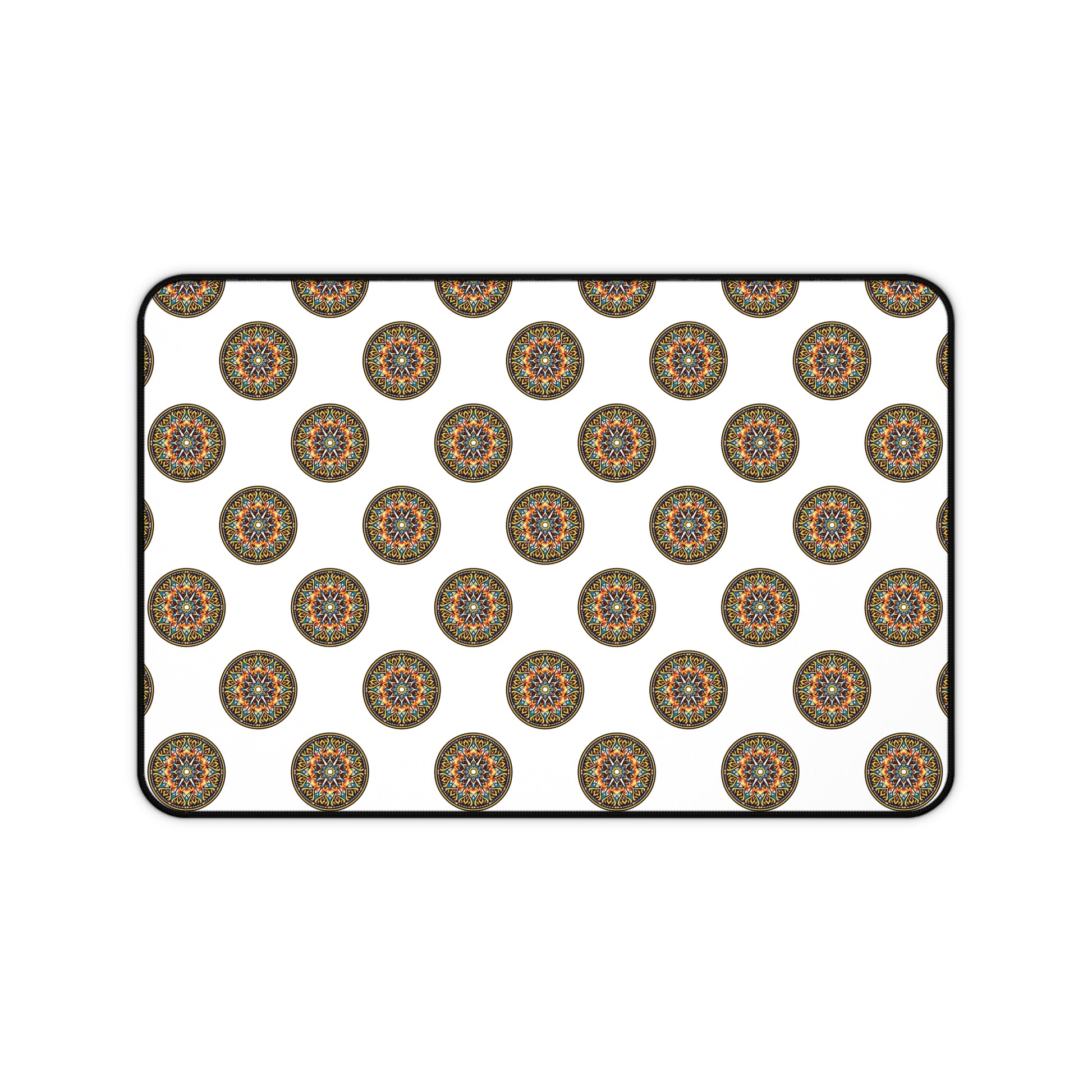 A rectangular white Neoprene desk mat featuring a repeating pattern of circular, multicolored mandala designs. Each intricate mandala adds vibrancy, making it a perfect colorful workspace accessory with a thin black outline around the mat’s edge.