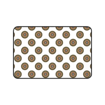 A rectangular white Neoprene desk mat featuring a repeating pattern of circular, multicolored mandala designs. Each intricate mandala adds vibrancy, making it a perfect colorful workspace accessory with a thin black outline around the mat’s edge.