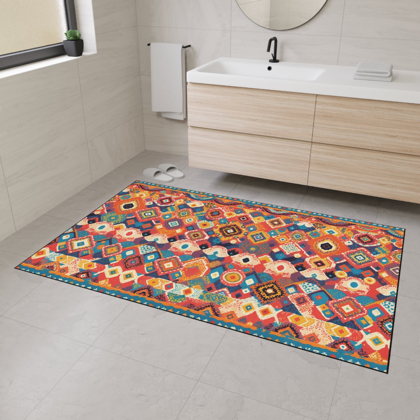 A modern bathroom with light beige tiles, a floating wooden vanity, a round mirror, and a non-slip, African-inspired geometric-patterned rug in vibrant reds, blues, yellows, and oranges covering most of the floor. A towel hangs by the window.