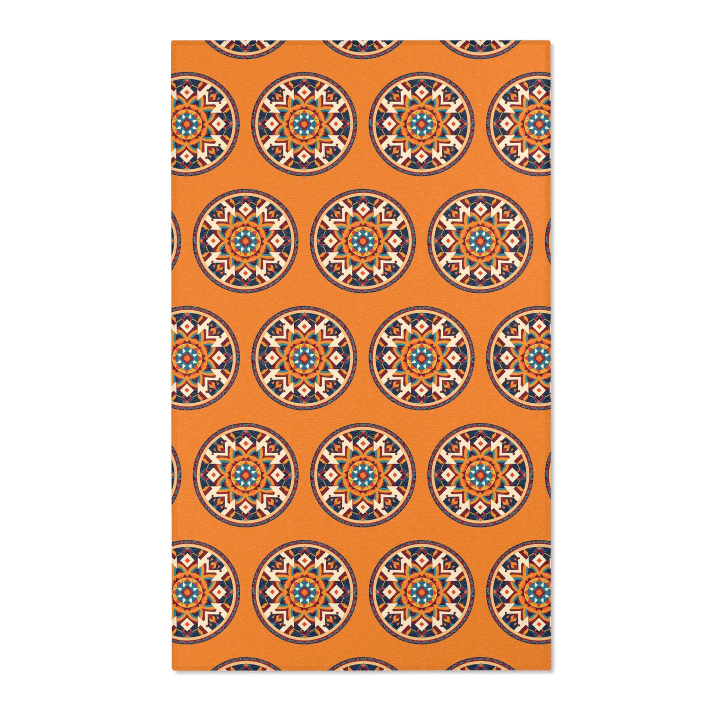 Rectangular, African-inspired rug with an orange background, featuring evenly spaced circular mandala patterns in blue, cream, black, and rust. Each mandala contains geometric and floral shapes for a symmetrical, decorative appearance.