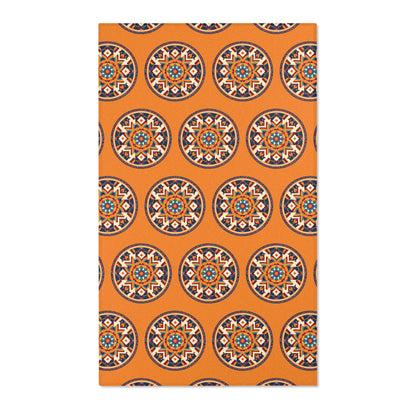 Rectangular, African-inspired rug with an orange background, featuring evenly spaced circular mandala patterns in blue, cream, black, and rust. Each mandala contains geometric and floral shapes for a symmetrical, decorative appearance.
