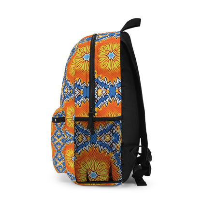 A brightly colored African-inspired backpack with vibrant geometric patterns in orange, yellow, blue, and black. The side view shows a front pocket, black straps, and a zipper on the mostly black back panel.