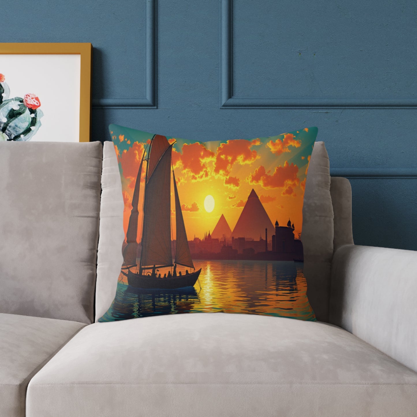 A colorful accent pillow on a beige couch features a vivid sunset with a sailboat, silhouetted pyramids, and palm trees. The sky glows orange and yellow, while a framed cactus print adds to the vibrant home decor in the background.