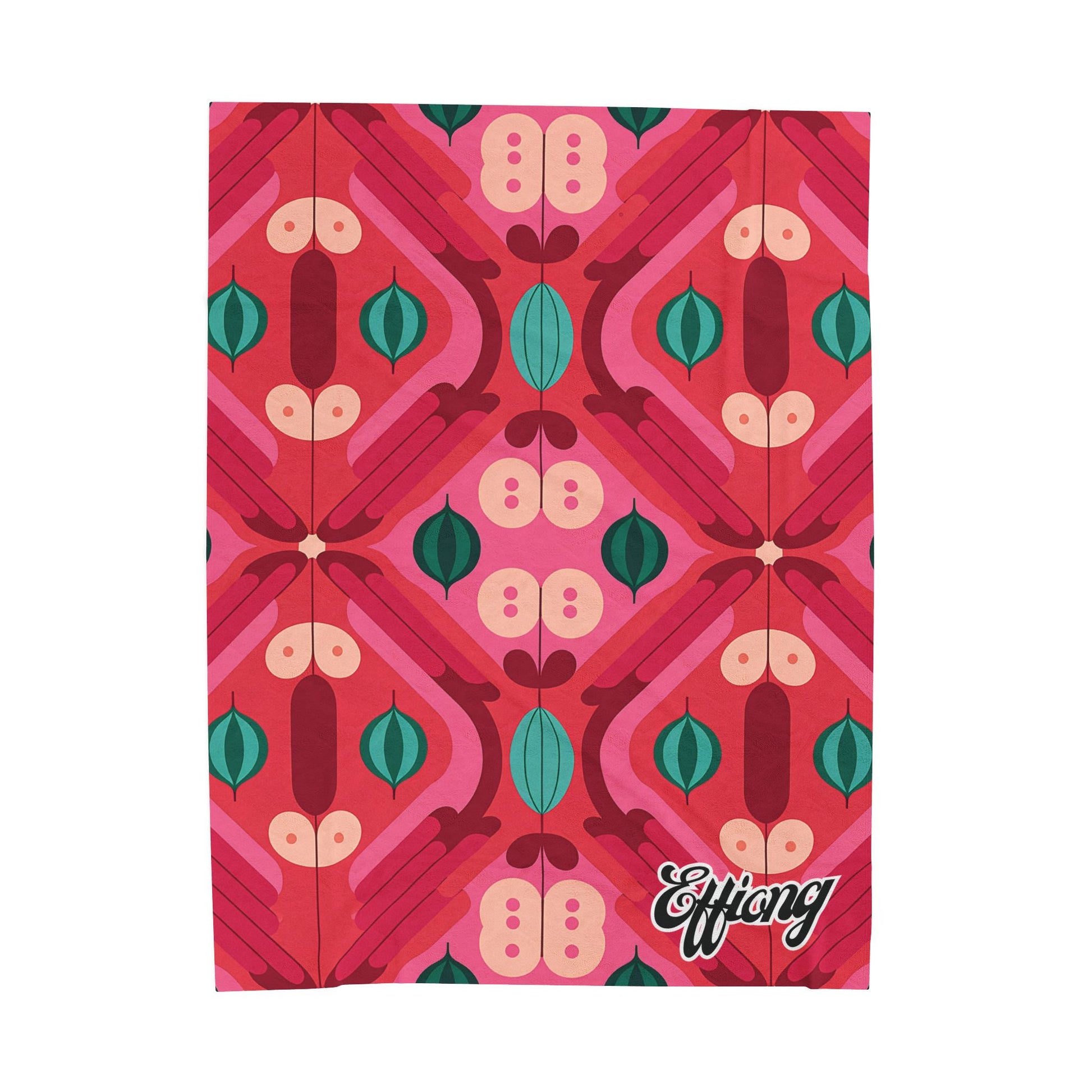 A rectangular personalized velveteen blanket features a bold, symmetrical, retro-style geometric pattern in pink, red, teal, and green. The name “Effiong” appears in white cursive on a solid raspberry background—perfect as a custom gift.