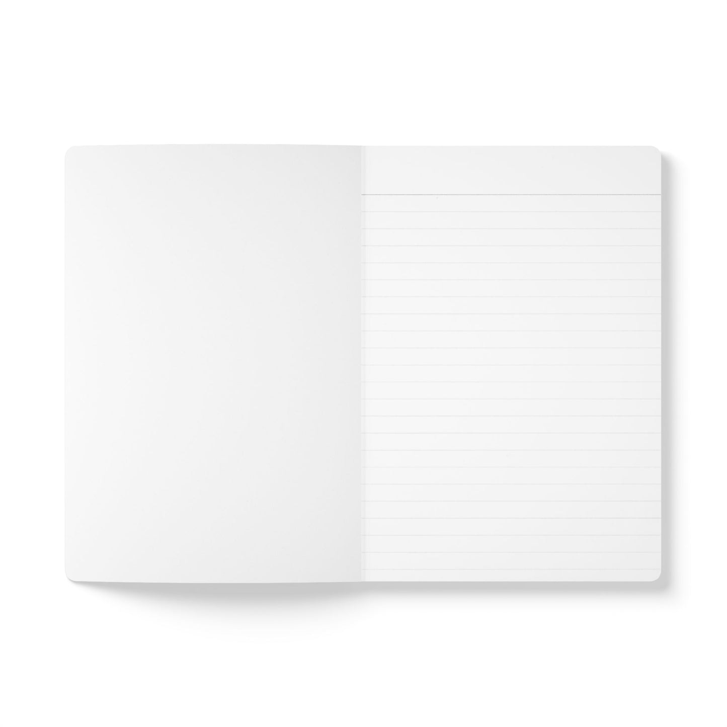 An open travel diary viewed from above on a white background; the left page is blank, and the right page features evenly spaced horizontal lines. Both pages are clean and unused, ready for your daily journaling adventures.