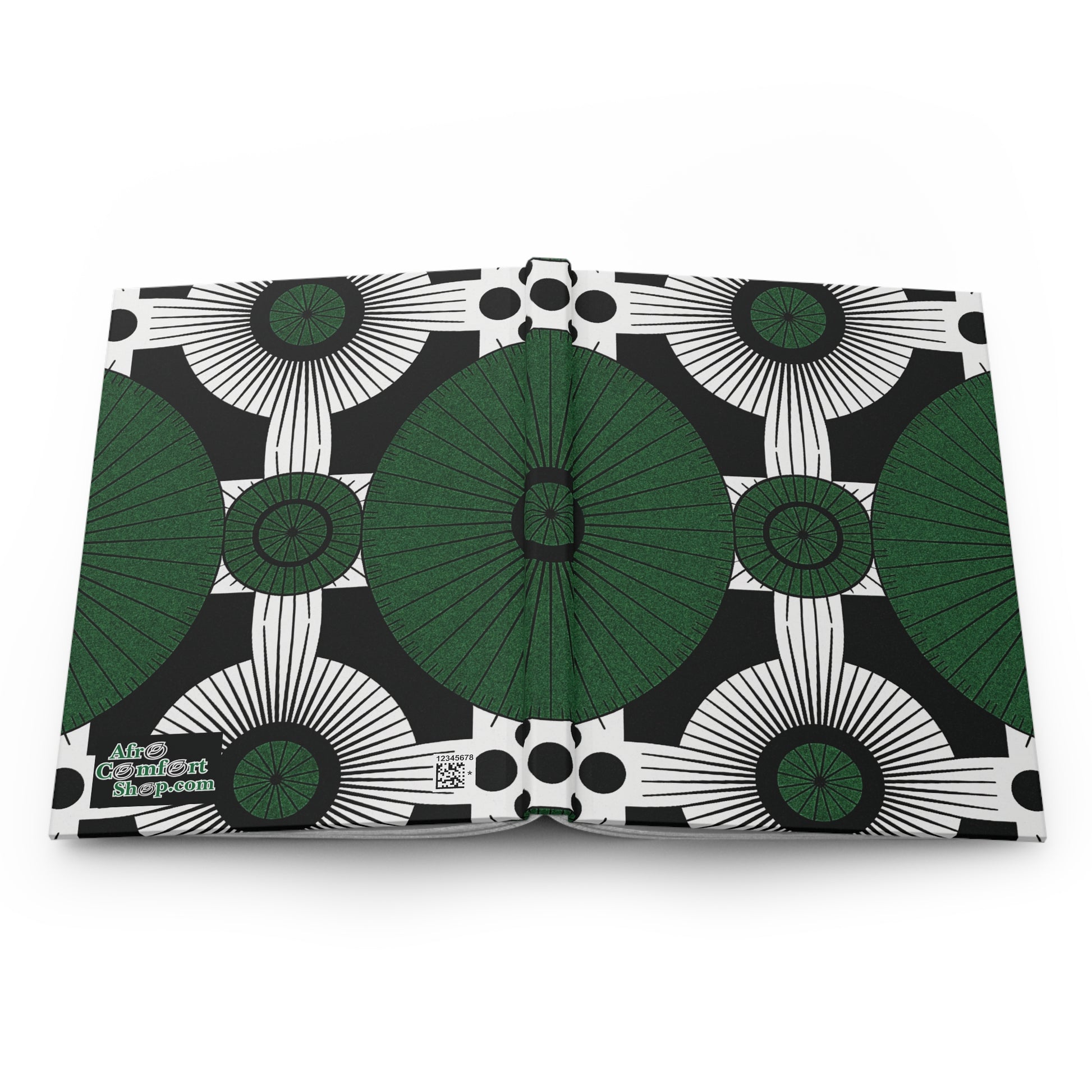 An open book displays a bold geometric pattern with large green ovals, white radiating lines, and black circles on a white background. This African-inspired journal features text in the lower left corner reading Afro GallenArt shop.com. The design is striking and symmetrical.