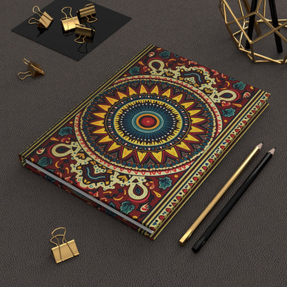 A colorful hardcover journal with an intricate mandala design lies on a textured brown surface, flanked by a gold pencil, a black pencil, binder clips, and a geometric gold desk ornament in the upper right corner.