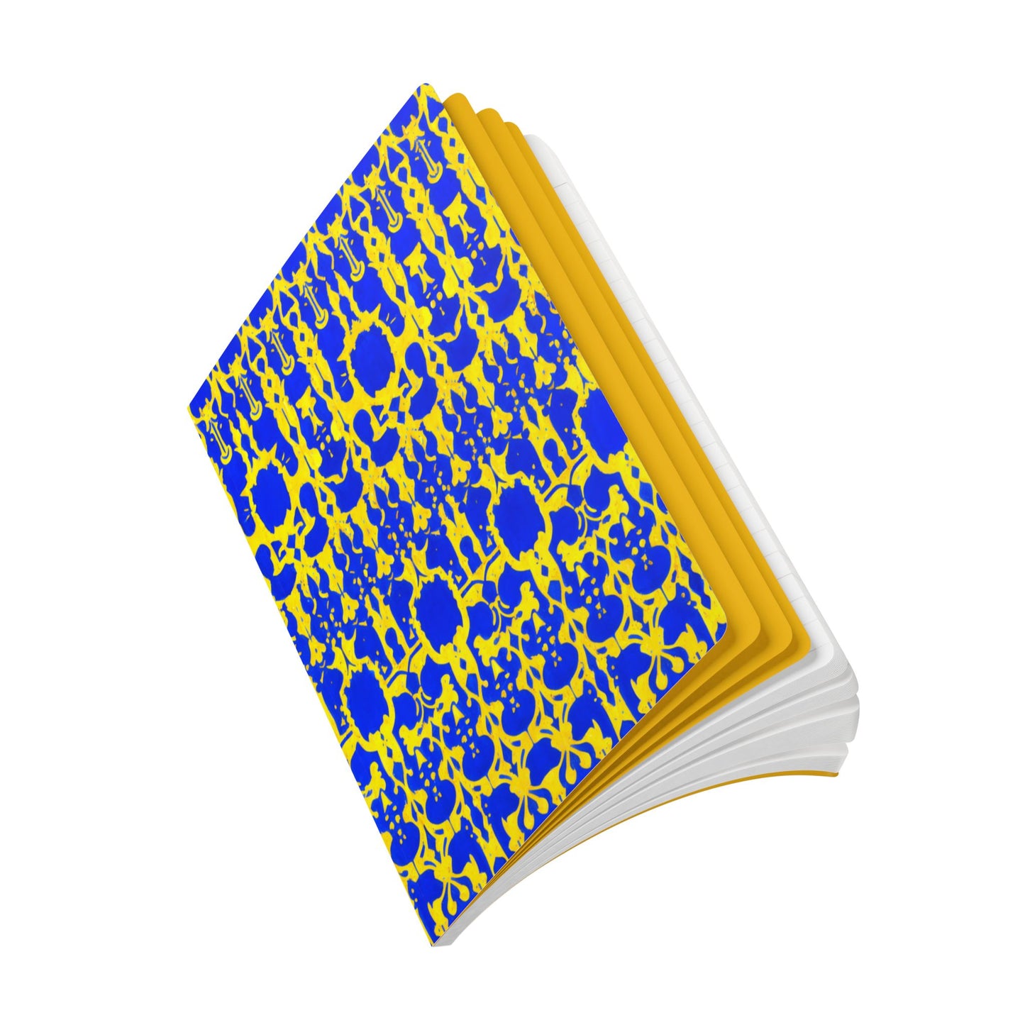 An open creative journal with a blue and yellow ornate, floral-patterned cover. The book’s pages are white, and the interior lining appears yellow. This African-inspired journal is positioned at an angle on a white background.