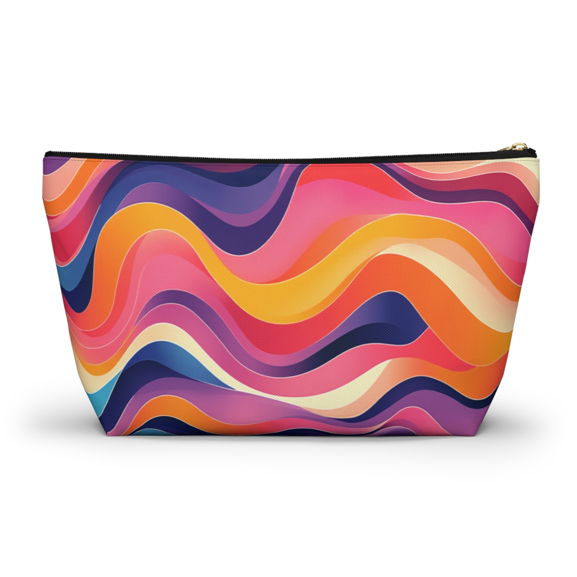 A zippered T-bottom pouch with a vibrant, wavy pattern in pink, purple, orange, blue, and cream tones. The abstract design draws on African-inspired patterns for a dynamic look—perfect as a colorful cosmetic travel bag. Black zipper with gold pull.